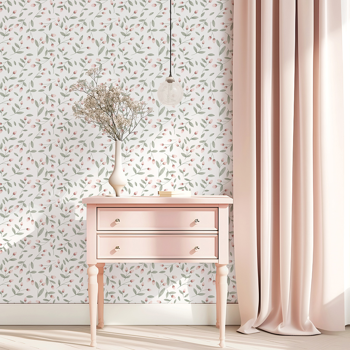 Papier peint enfant Fleuri Jolis Bourgeons rose vert - Papier peint Lilipinso | Réf. LILI-H0784
