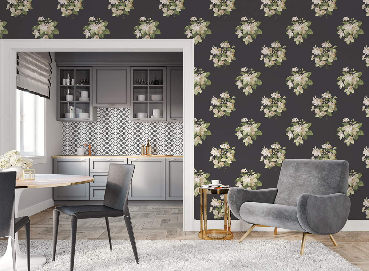 Papier peint Bouquet Fleuri noir vert - Jardin Secret de Lutèce | Réf. LTC-G78495