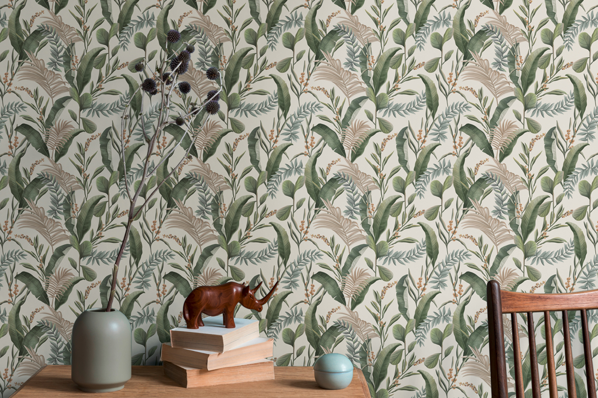 Papier peint Feuille Nature Tropical beige vert - Drawn Into Nature de Livingwalls AMB2| Réf. 39436-1