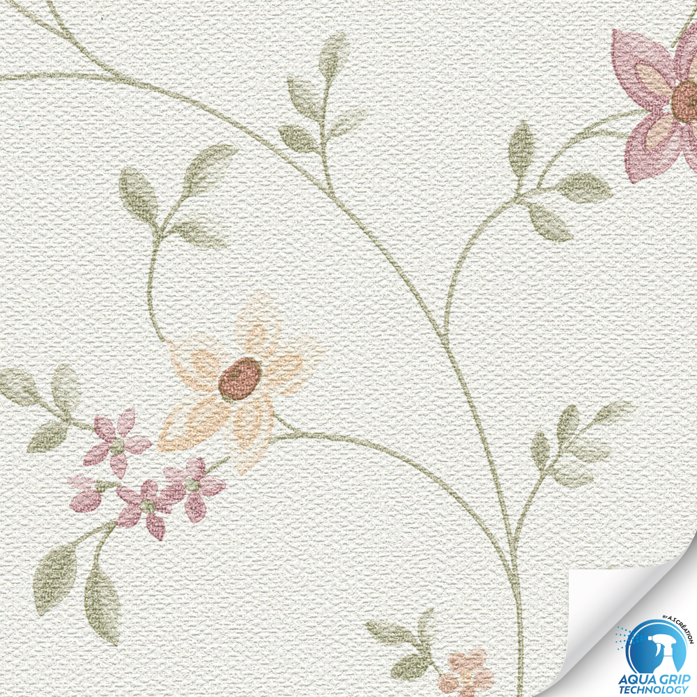 Papier peint préencollé Ramage Fleur Charme vert beige - Designdrop d'A.S. Création ZOOM | Réf. AS-784551