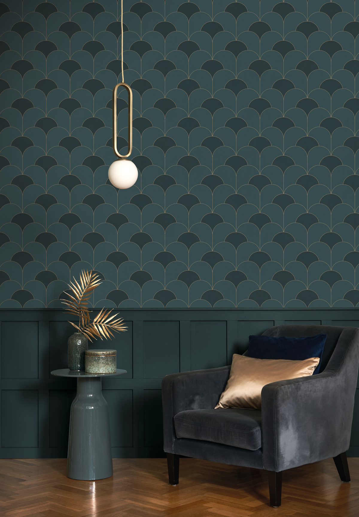 Papier peint Géométrique Art Déco Théâtre vert bouteille doré - Twenties de Casadéco | Réf. TWNT88687525