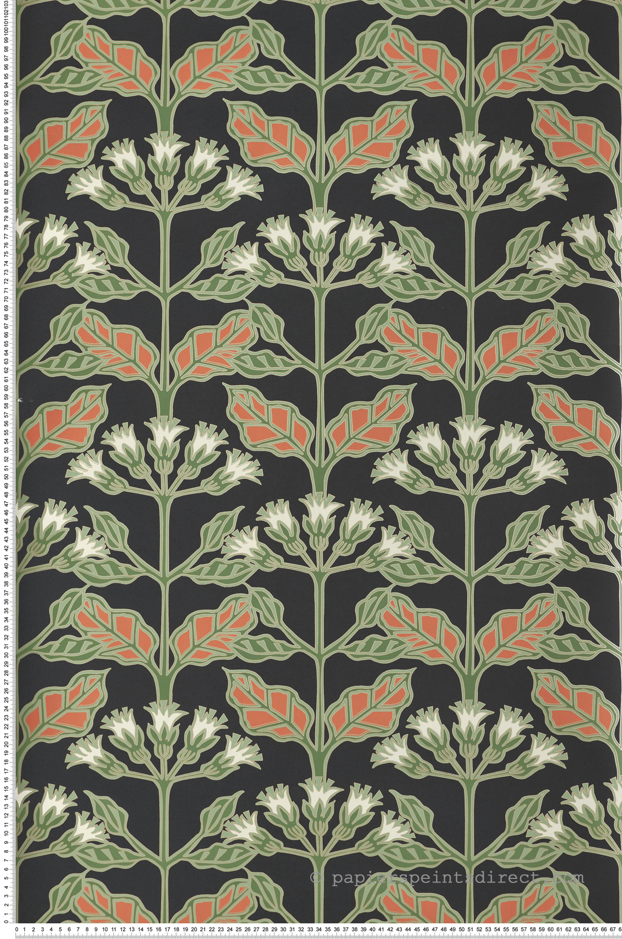 Papier peint Primevère Graphique vert orange noir - Arts & Crafts d'Initiales | Réf. INI-AC9113