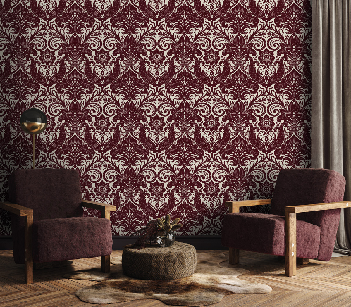 Papier peint Médaillon Floral Velours bordeaux - The Wall Llewelyn-Bowen de Lutèce | Réf. LTC-LB25170
