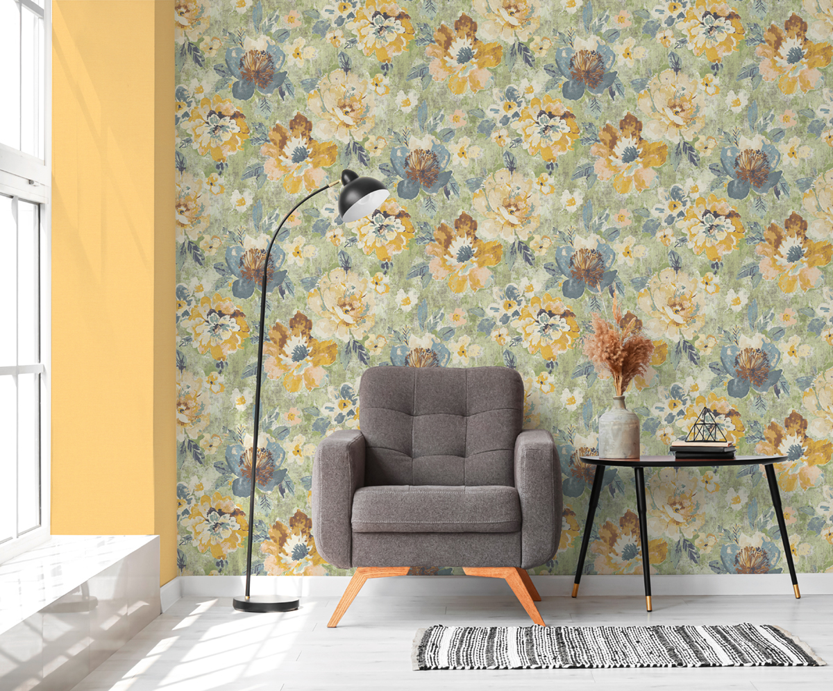 Papier peint Vintage Floral jaune vert - Aquarell Dreams d'A.S. Création | Réf. AS-396073