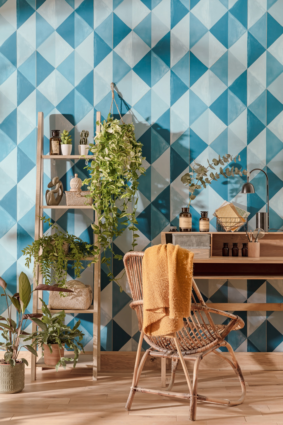 Papier peint géométrique Plenitude Bleu Canard/Doré - Green Life de Casélio | Réf. GNL101706027