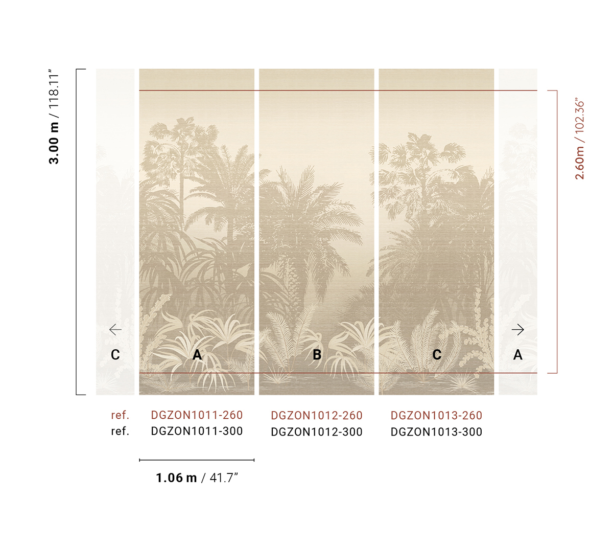 Papier peint panoramique Jungle Awarra beige - A, B et C H260 - Amazone de Masureel | Réf. MAS-DGZON101X-260
