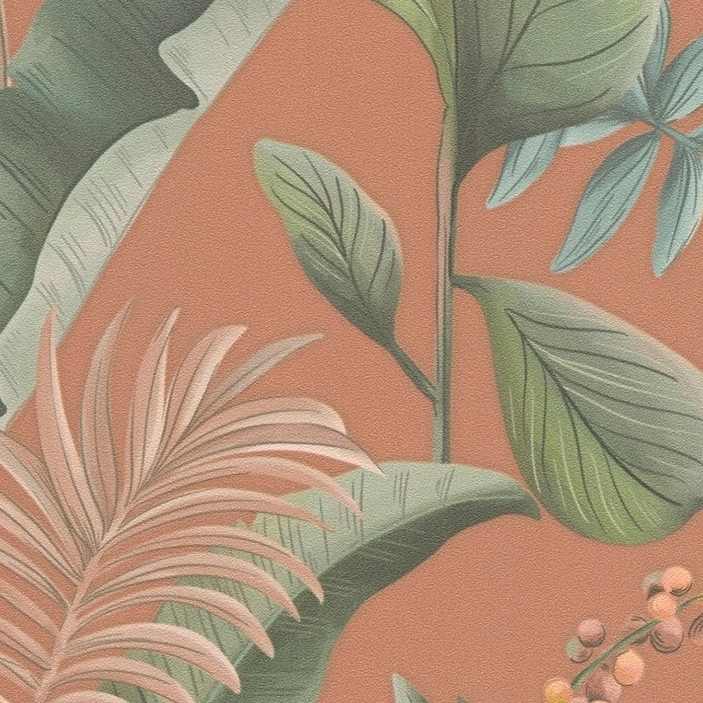 Papier peint Feuille Nature Tropical terracotta vert - Drawn Into Nature de Livingwalls AMB6| Réf. 39436-2