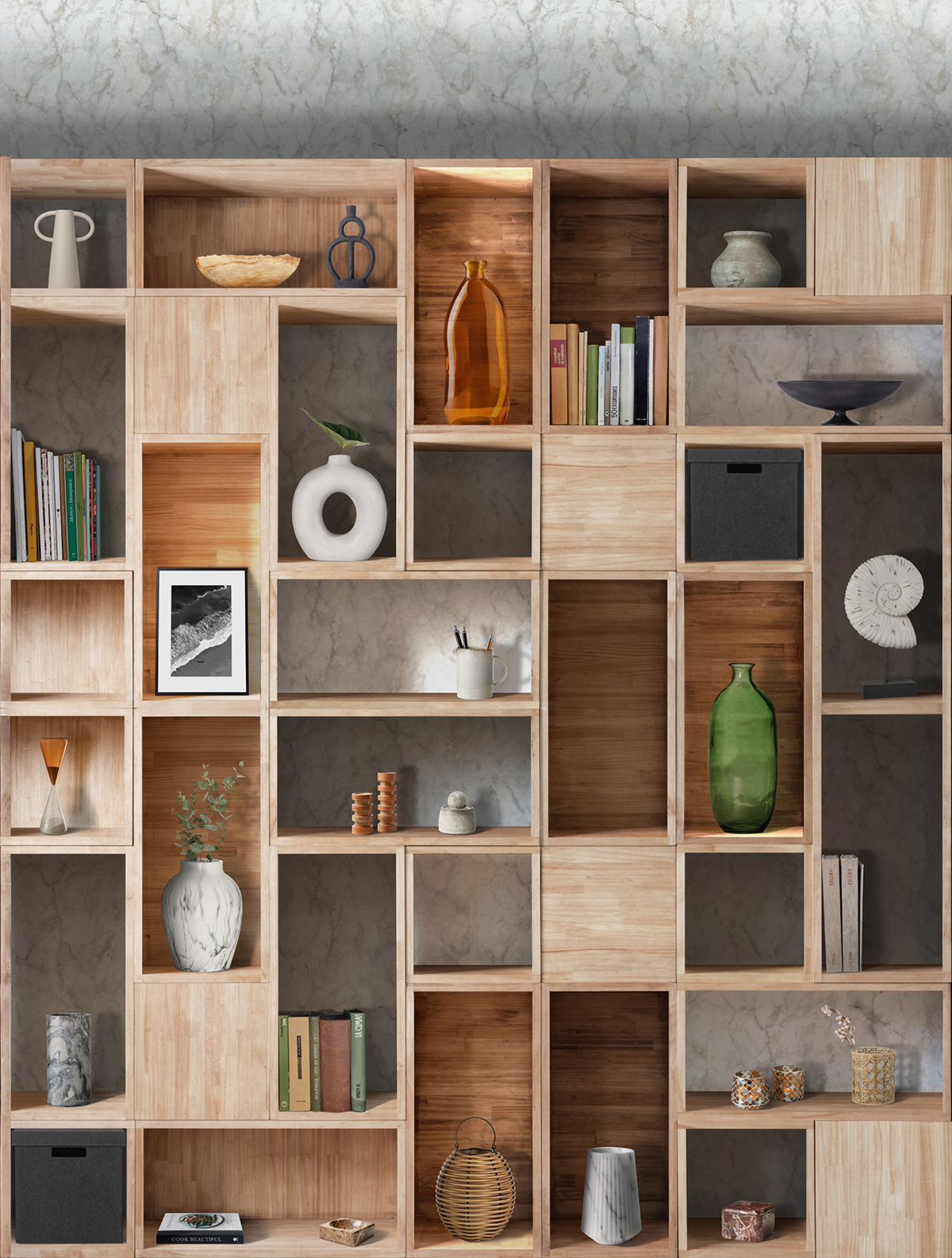 Papier peint panoramique Bibliothèque Wood Shelving gris clair - Panorama 2 de Lutèce | Réf. LTC-PAN1801C