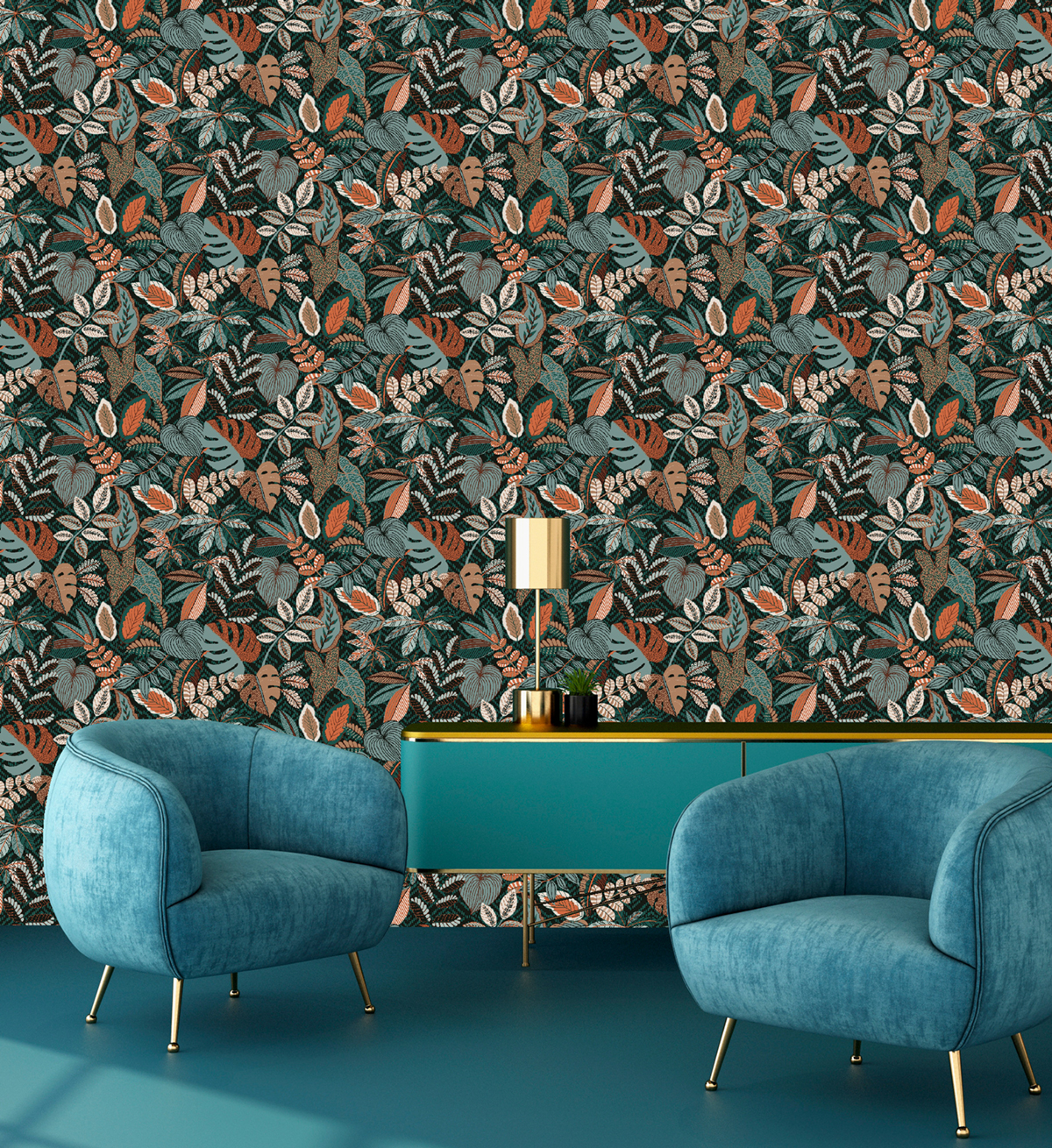 Papier peint Feuillage Monstera vert paon terracotta - Séjours & Chambres de Lutèce | Réf. LTC-51224604