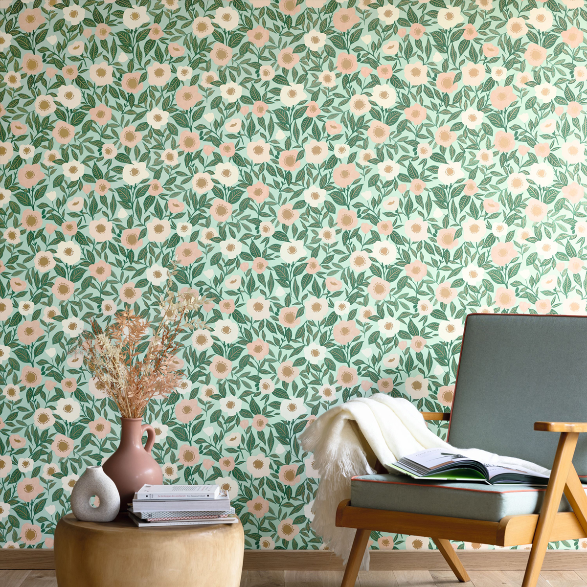 Papier peint Fleur Graphique Lucky vert rose mordoré - Happy Therapy de Casélio | Réf. HTH104076157