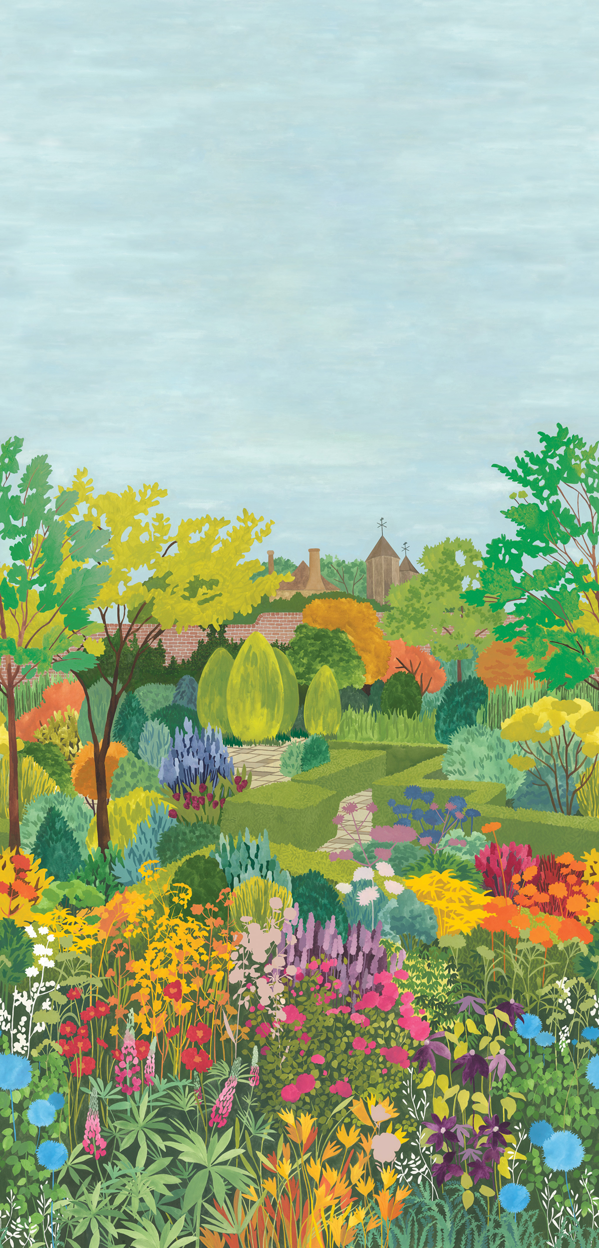 Papier peint panoramique Fleuri Castle Garden Pale Lime - In The Garden de Little Greene | Réf. 0234CGPALEL