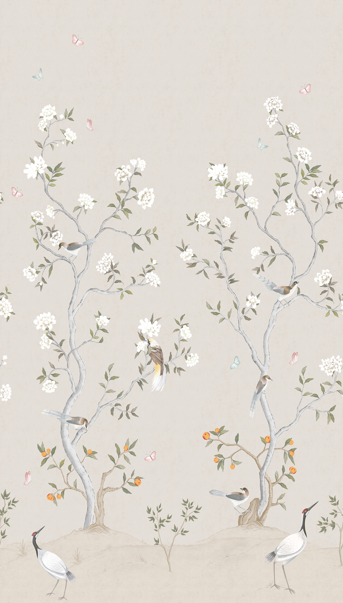 Papier peint Panoramique Oiseaux Chinoiserie Fleurie grège - Romance de Lutèce | Réf. LTC-19112