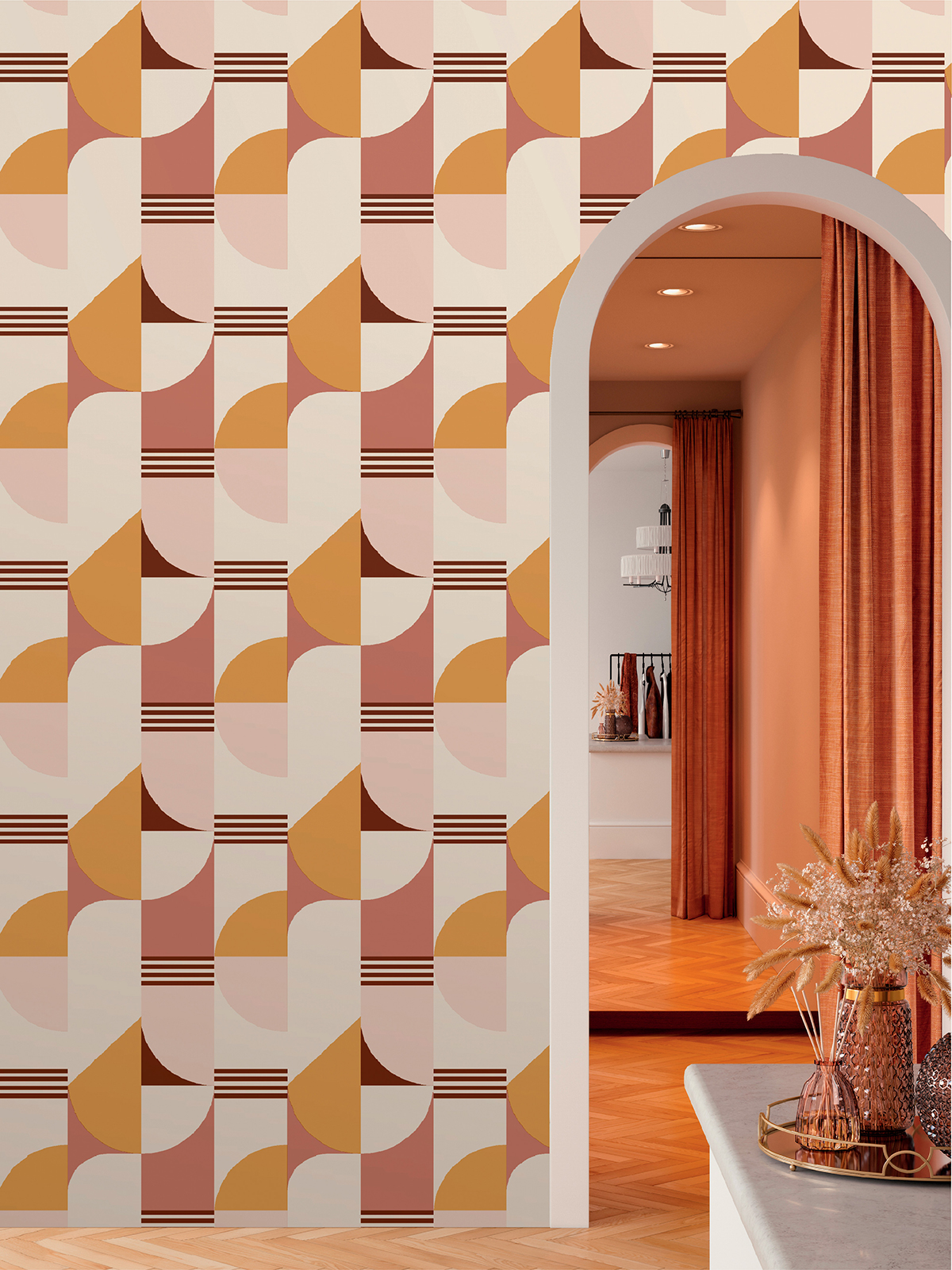 Papier peint Graphique Bauhaus moutarde et rose - Arty de Lutèce | Réf. LTC-51210702