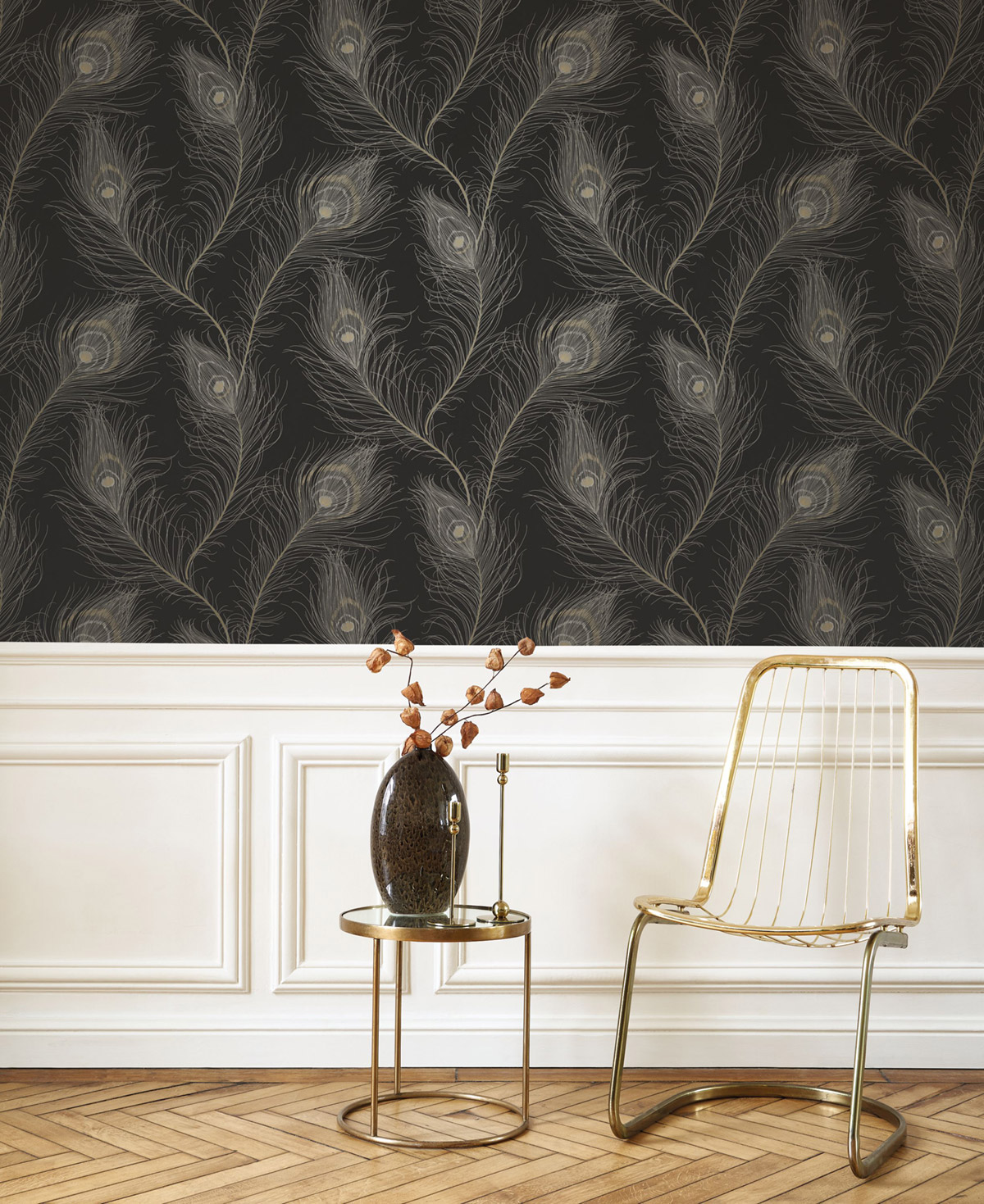 Papier peint Plume Paon Revue brun ardoise irisé - Années Folles de Casadéco | Réf. ANFO201079957
