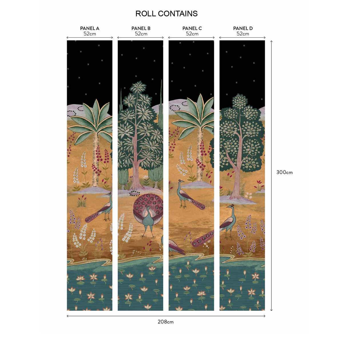 Papier peint panoramique Paon Garland Of Ragini Nuit ocre - V&A Decorative Papers II d'Initiales AMB3| Réf. INI-2412-183-02