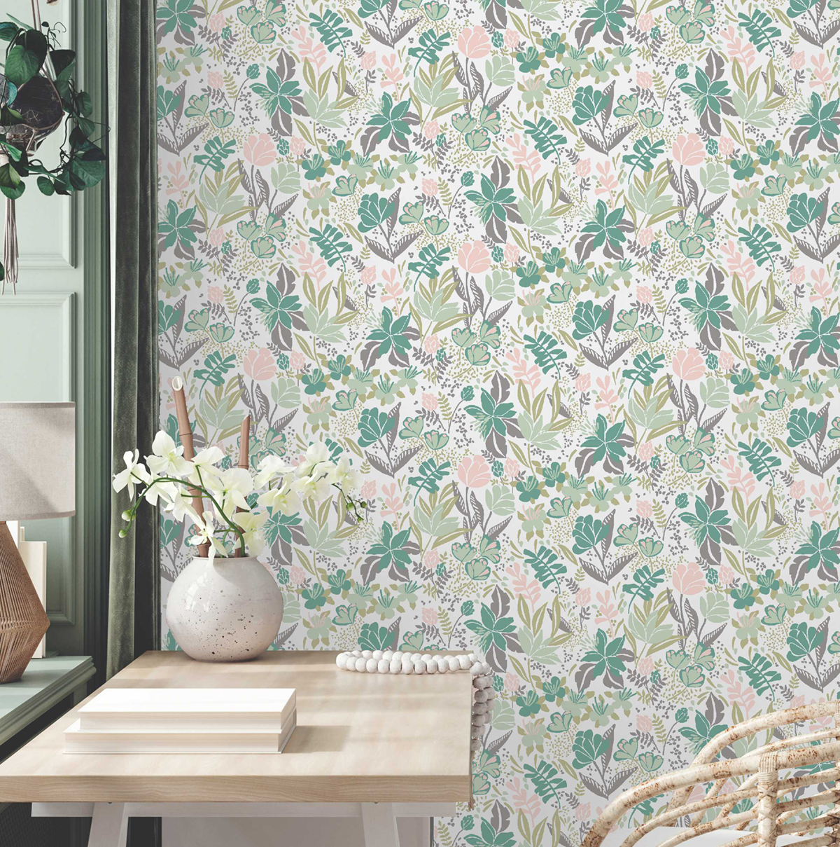 Papier peint Fleurs Graphiques vert rose - Poésie de Lutèce | Réf. LTC-51253504