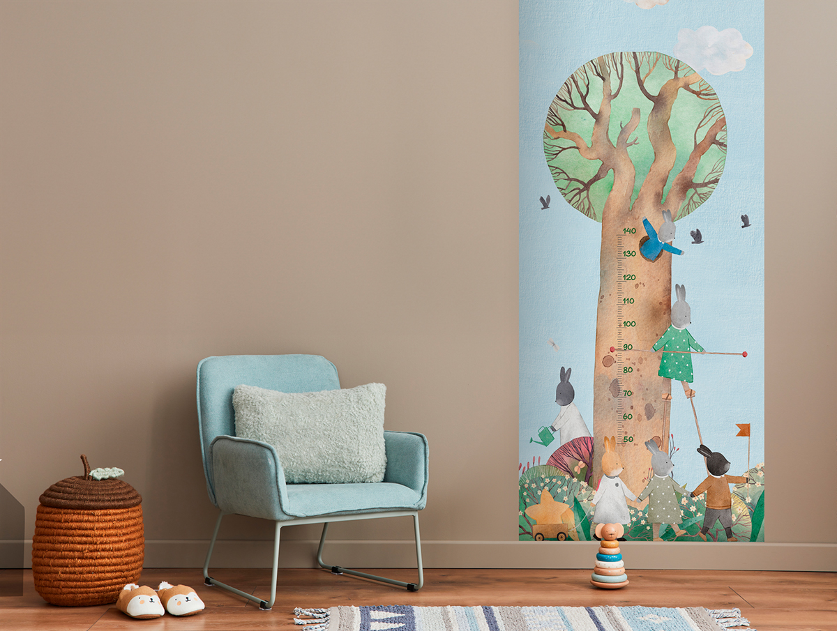 Papier peint panoramique Arbre Playful Bunnies Measure bleu - Farandole de Lutèce | Réf. LTC-CW6064-1