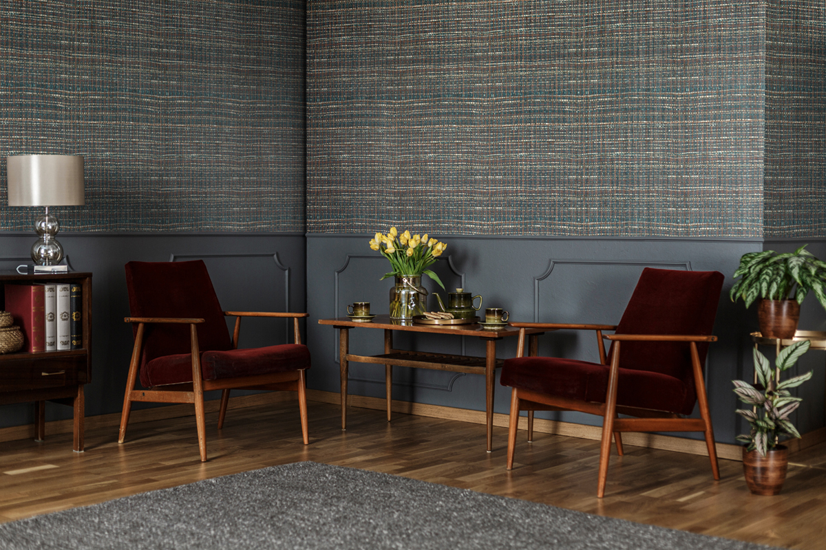 Papier peint Paille Japonaise bleu paon bordeaux prune - Ornata de Montecolino | Réf. MC-27103