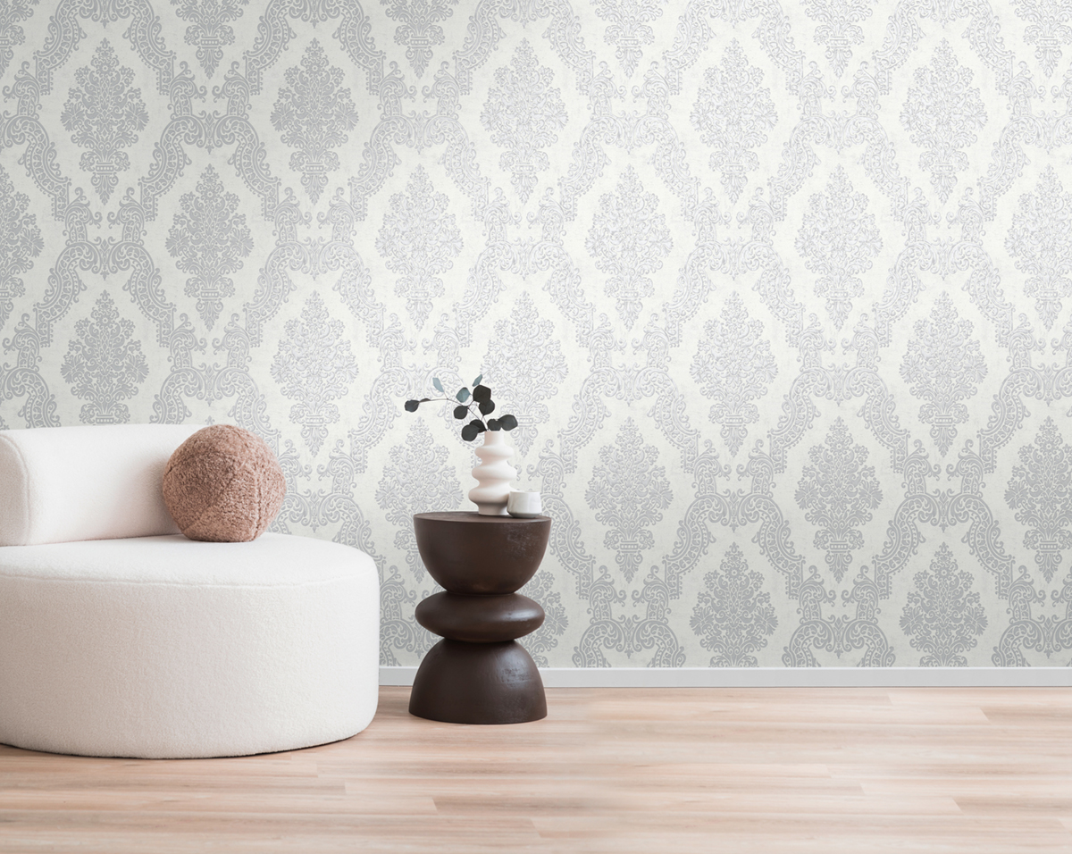 Papier peint Médaillon Baroque blanc cassé argenté - Pure Elegance d'A.S. Création AMB2 | Réf. AS-397655