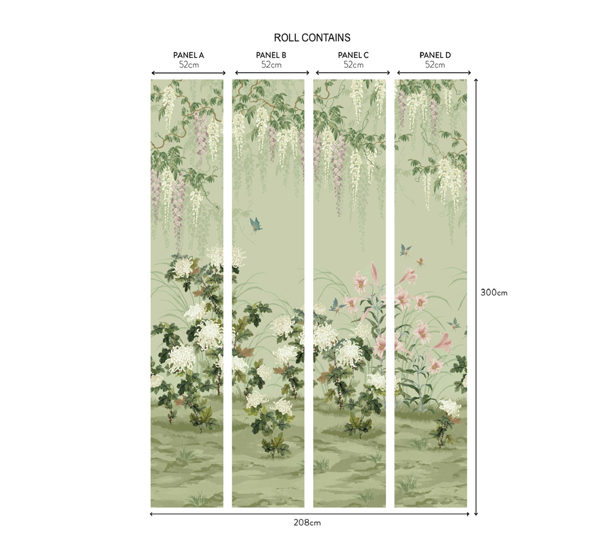 Papier peint panoramique Floral Wisteria Bloom vert amande - V&A Decorative Papers III d'Initiales AMBR | Réf. INI-2513-191-03