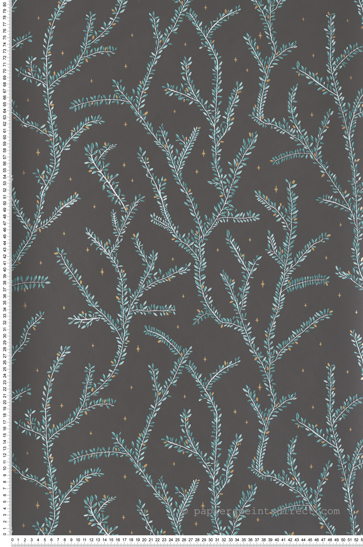 Papier peint Etoile et Feuillage Little Woods noir et doré - La Forêt de Casélio | Réf. FRT102947983