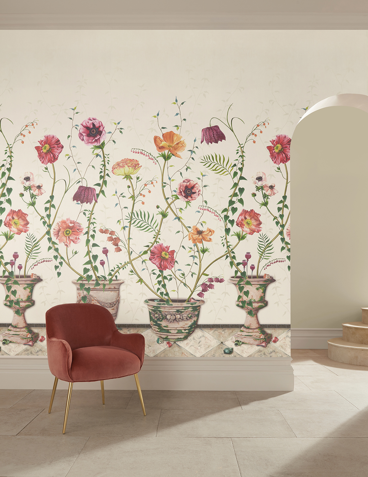 Papier peint panoramique Pots de Fleurs clair - Lamorran d'Osborne & Little | Réf. OSB-W7683-01