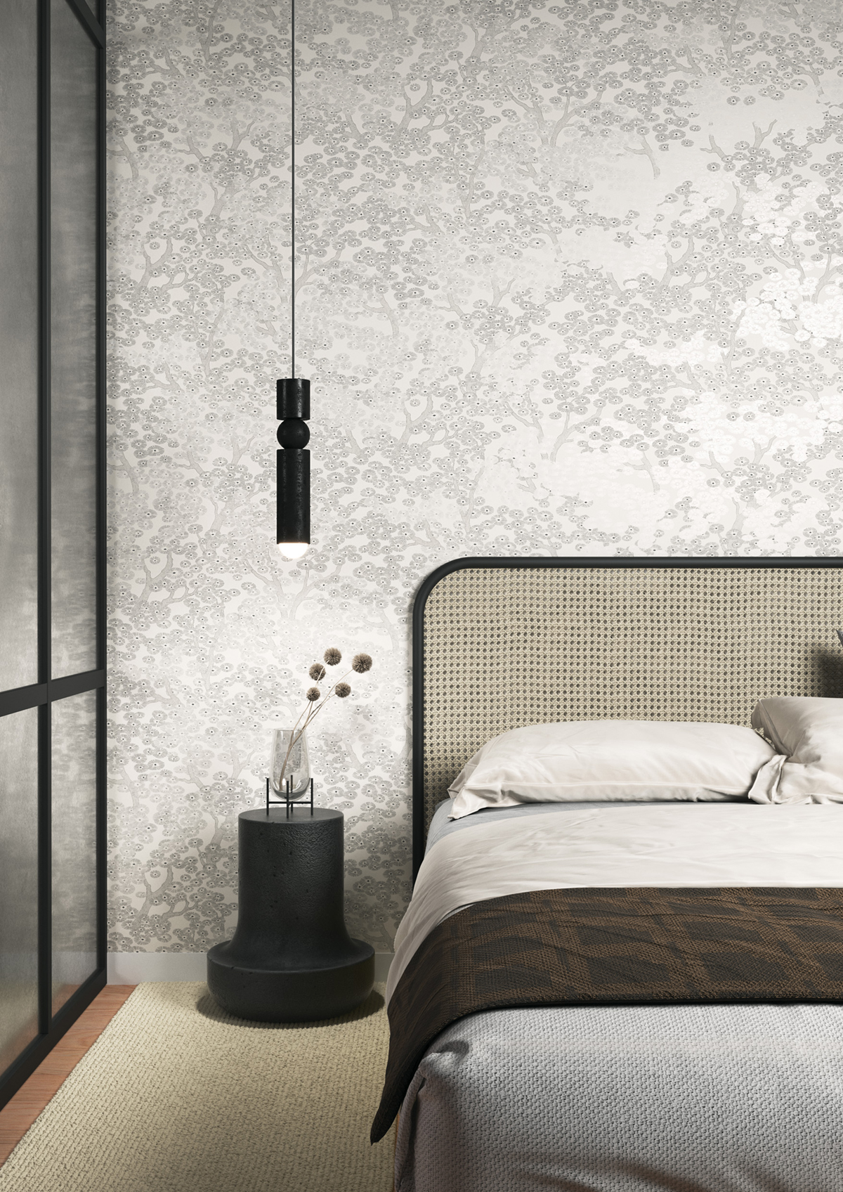 Papier peint Arbre Japonais Yuka gris argenté - Kimono de Masureel | Réf. MAS-KIM803