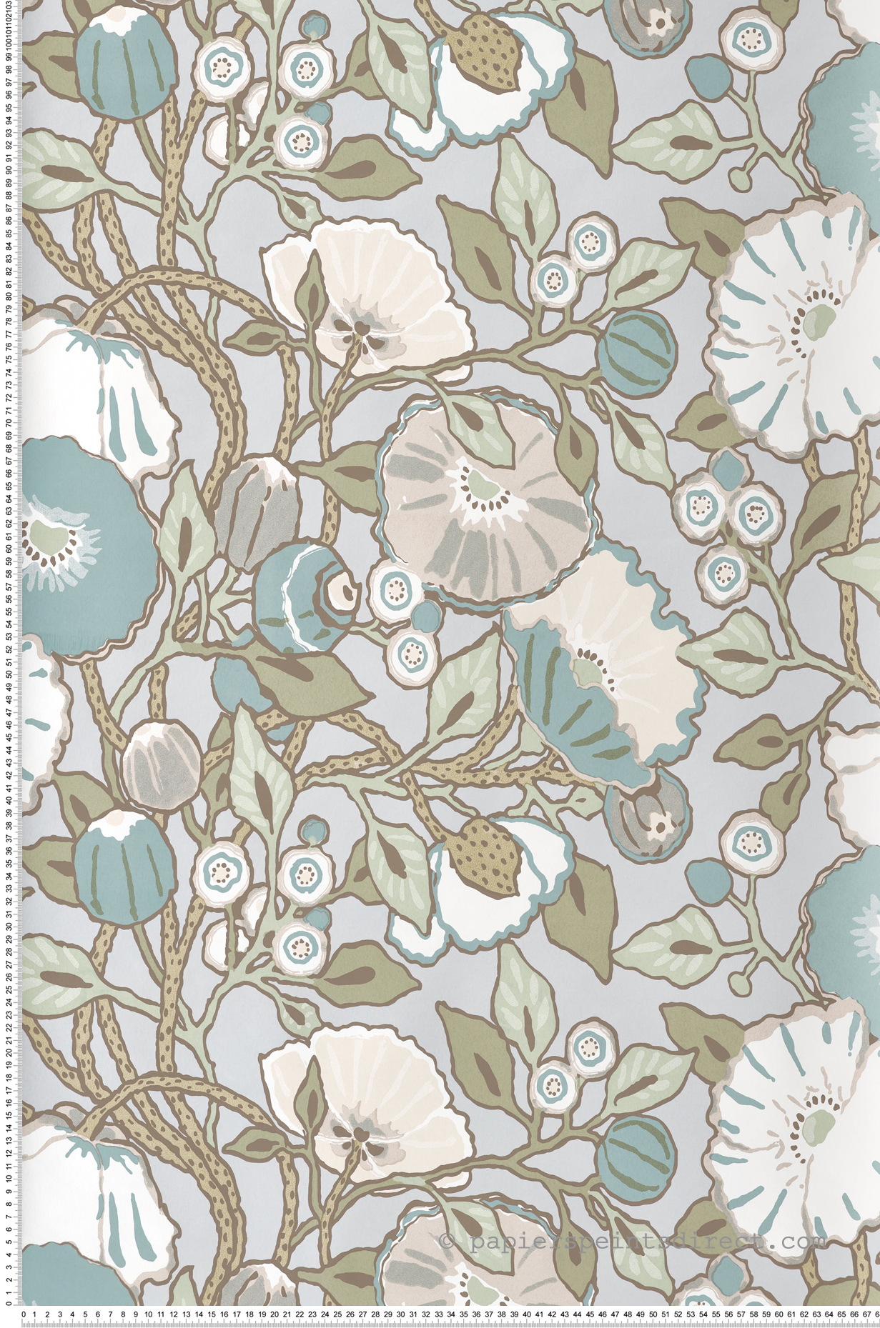 Papier peint Coquelicot Vintage bleu paon vert - Greenhouse de York (Initiales) | Réf. INI-GO8313