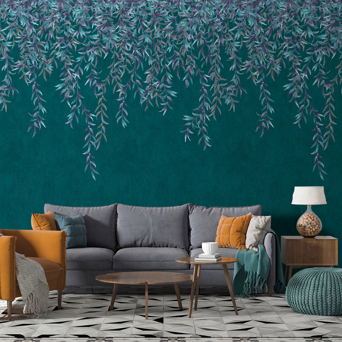 Papier peint panoramique Feuille Retombant Greenery bleu pétrole - Panorama 2 de Lutèce | Réf. LTC-PAN1465C