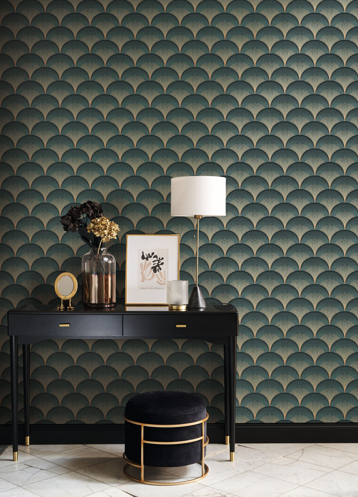 Papier peint Plume de Paon Broadway vert cuivré - Twenties de Casadéco | Réf. TWNT88667555