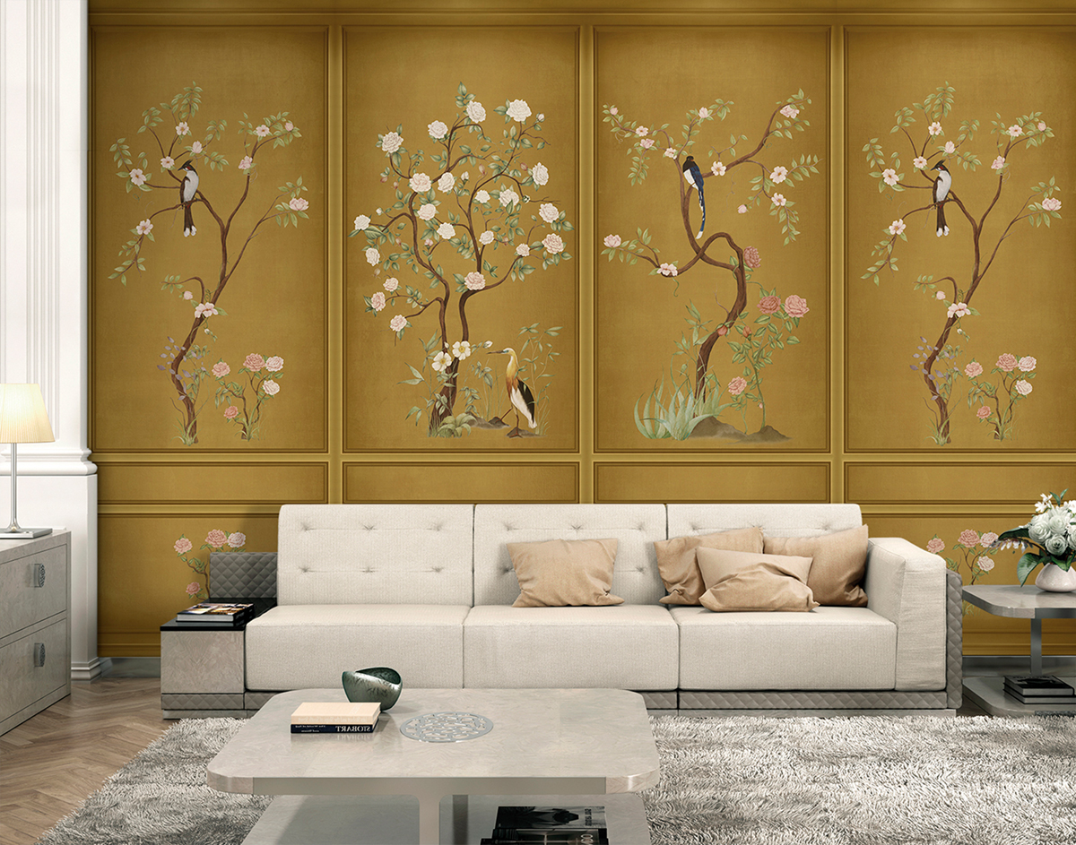 Papier peint panoramique Boiserie Fleurie moutarde - Panorama 2 de Lutèce | Réf. LTC-PAN1571C