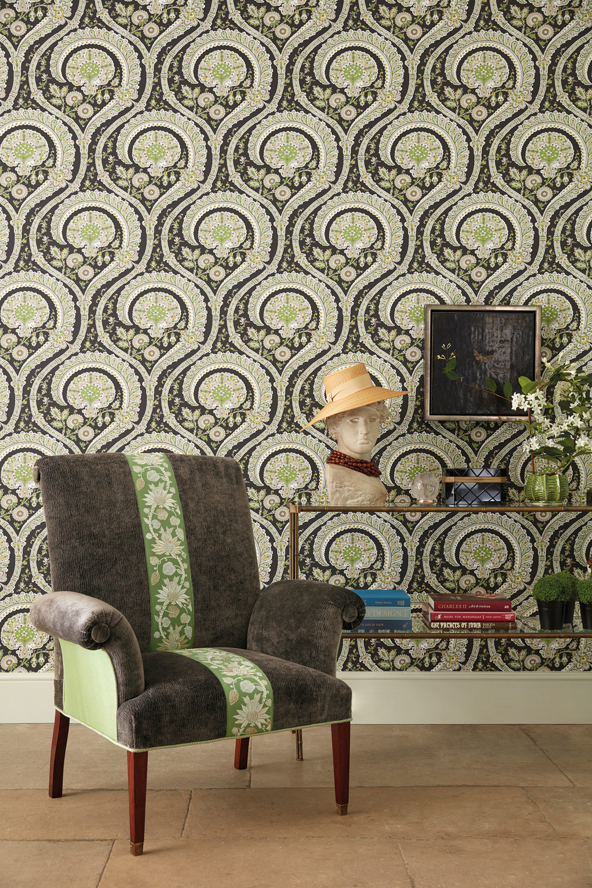 Papier peint Paisley Les Indiennes noir vert - Les Indiennes de Nina Campbell | AMB Réf. OSB-NCW4350-04