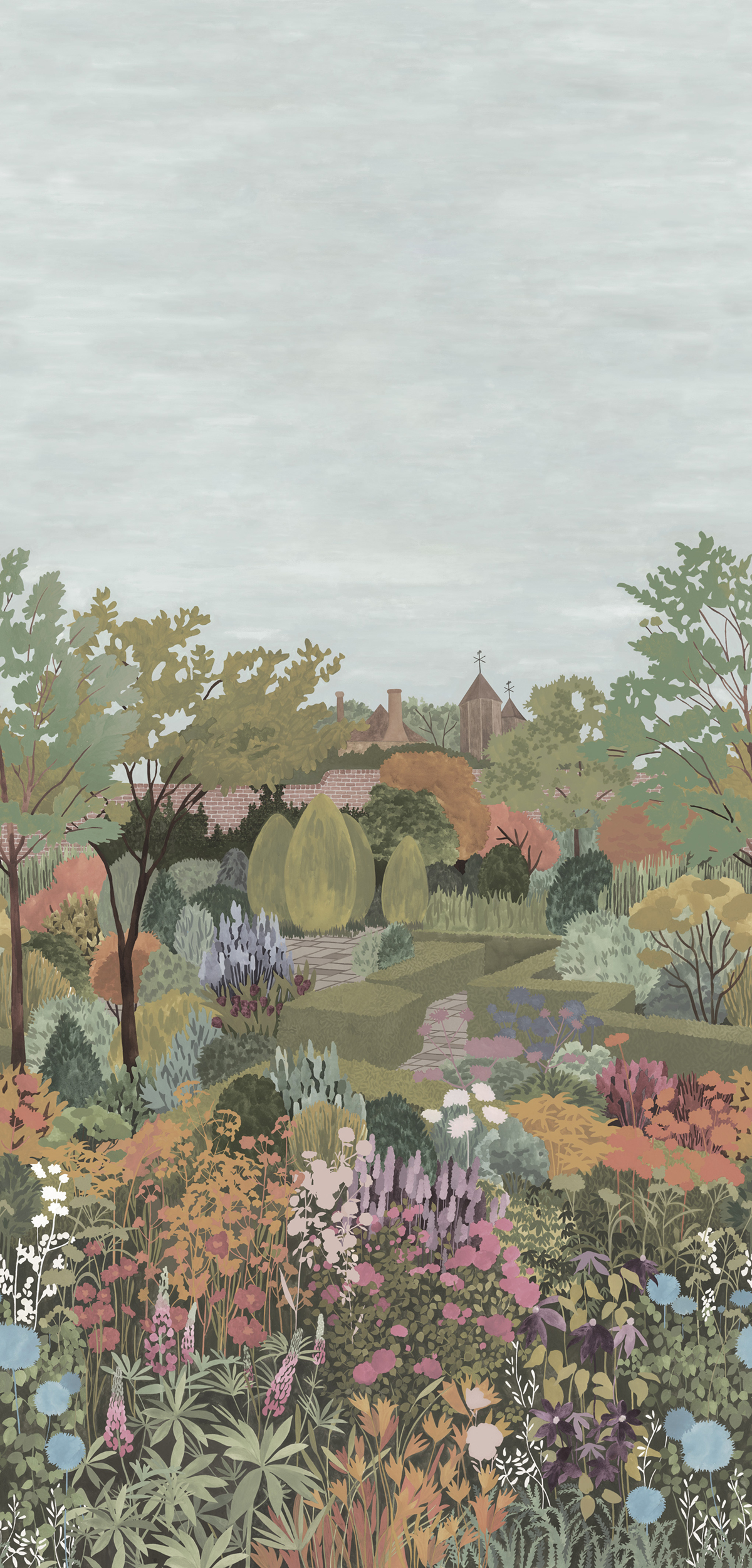 Papier peint panoramique Fleuri Castle Garden Sage Green - In The Garden de Little Greene | Réf. 0234CGSAGEG