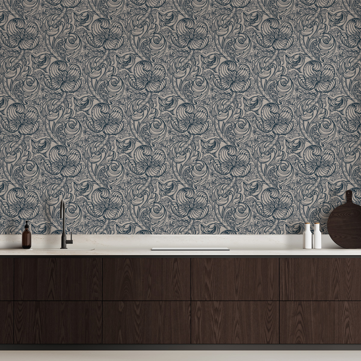 Papier peint Entrelacs Tulipe Lys bleu nuit beige - The Wall Llewelyn-Bowen de Lutèce | Réf. LTC-LB25116