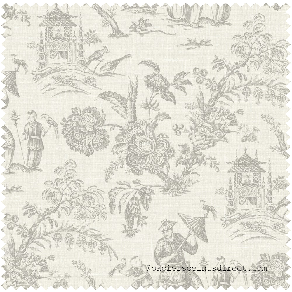 Tissu Toile De Jouy Chinoiserie gris clair blanc - French Country d'Initiales | Réf. INI-FC62808F