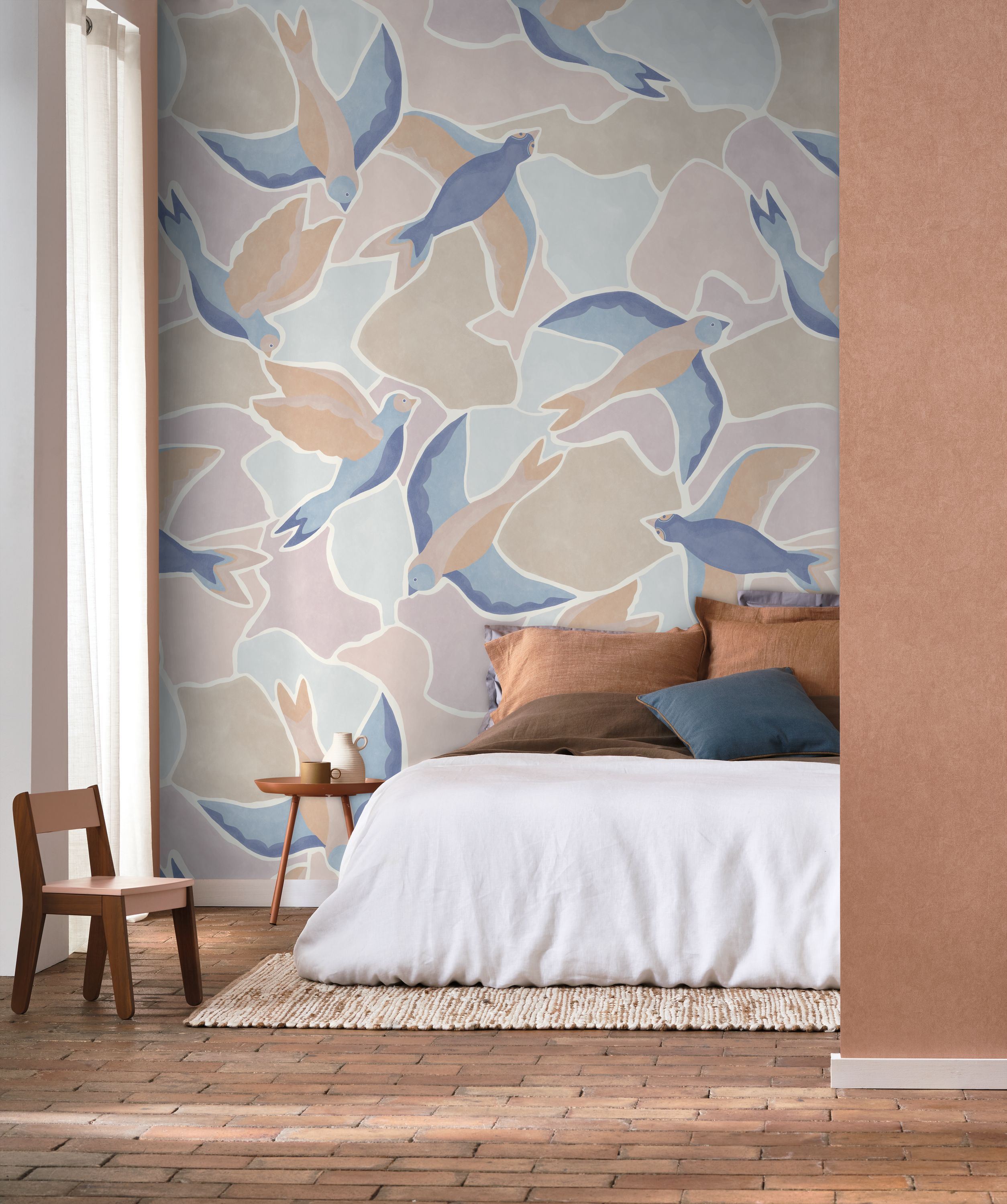 Papier peint panoramique Oiseau Songerie M bleu rose 200x280 - Wonderwalls de Casadéco | Réf. WDWS88996403