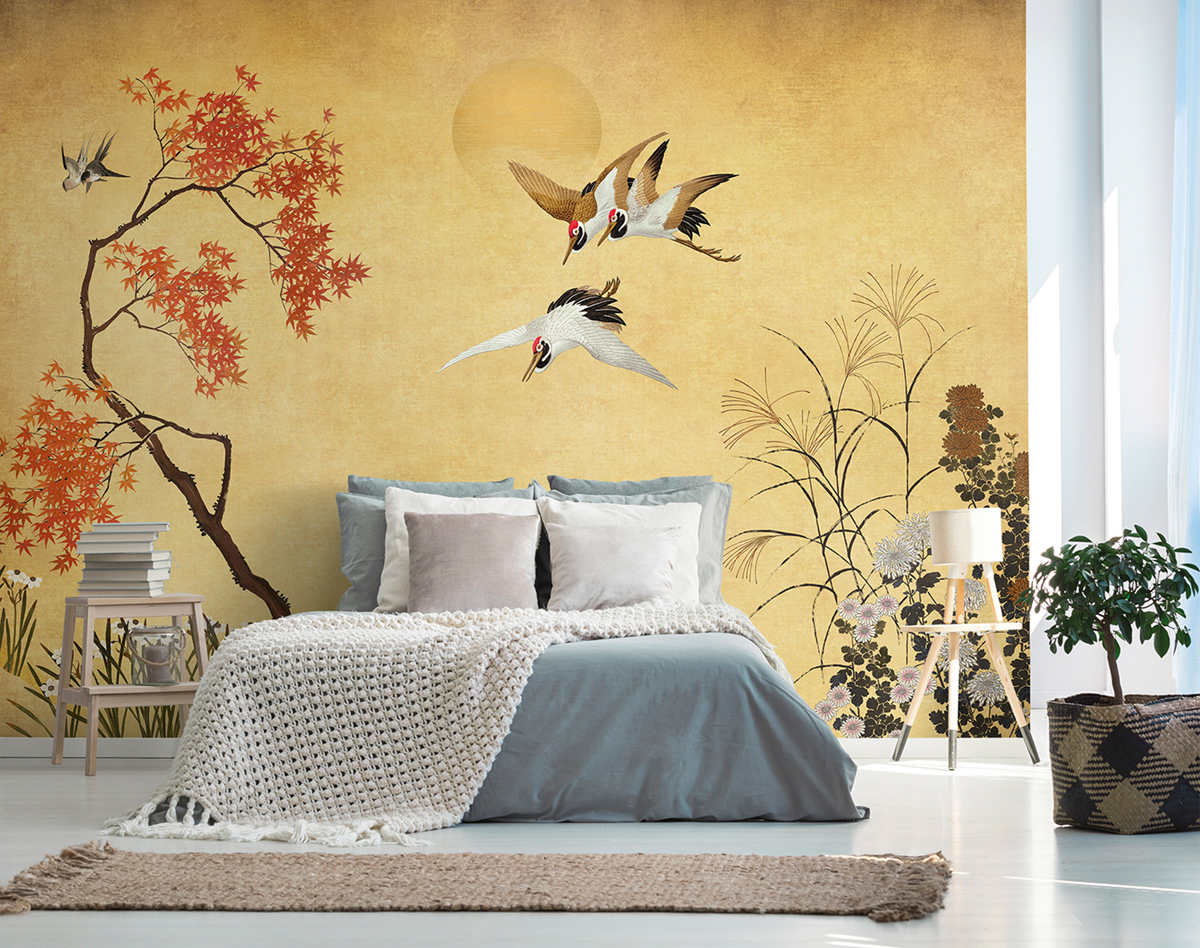 Papier peint panoramique Oiseau Crisantemos ocre - Panorama 2 de Lutèce | Réf. LTC-PAN1591C