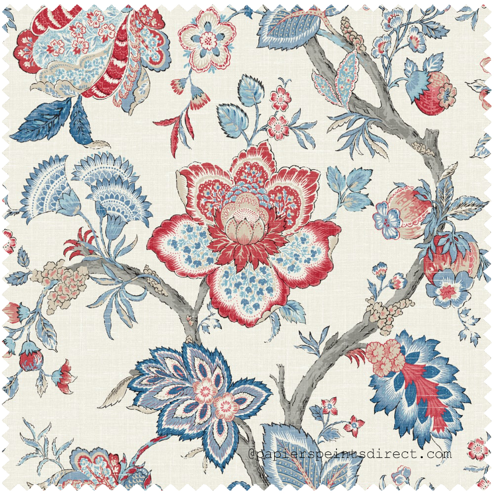 Tissu Fleur Bernadette Ramage Botanique bleu rouge - French Country d'Initiales | Réf. INI-FC62601F