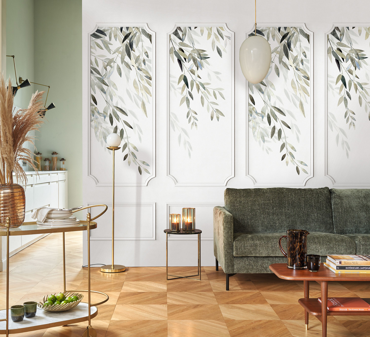 Papier peint panoramique Moulure Parfum d'Olivier vert - Moulures & Co de Casadéco | Réf. MOCO201417244