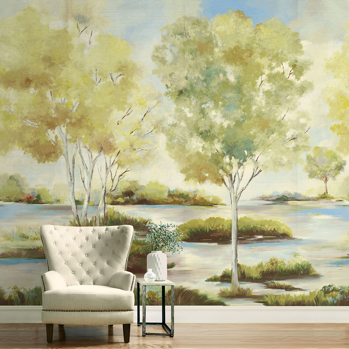 Papier peint panoramique Paysage à l'Aquarelle Savane Grasscloth vert - Daisy Bennett d'Initiales AMB2 | Réf. INI-DB31206M