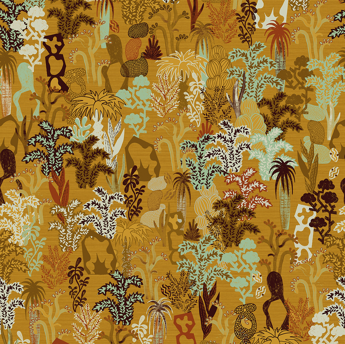 Papier peint panoramique Jungle Ethnique Baya moutarde - A, B et C H260 - Joy de Masureel | Réf. MAS-DGJOY301X-260