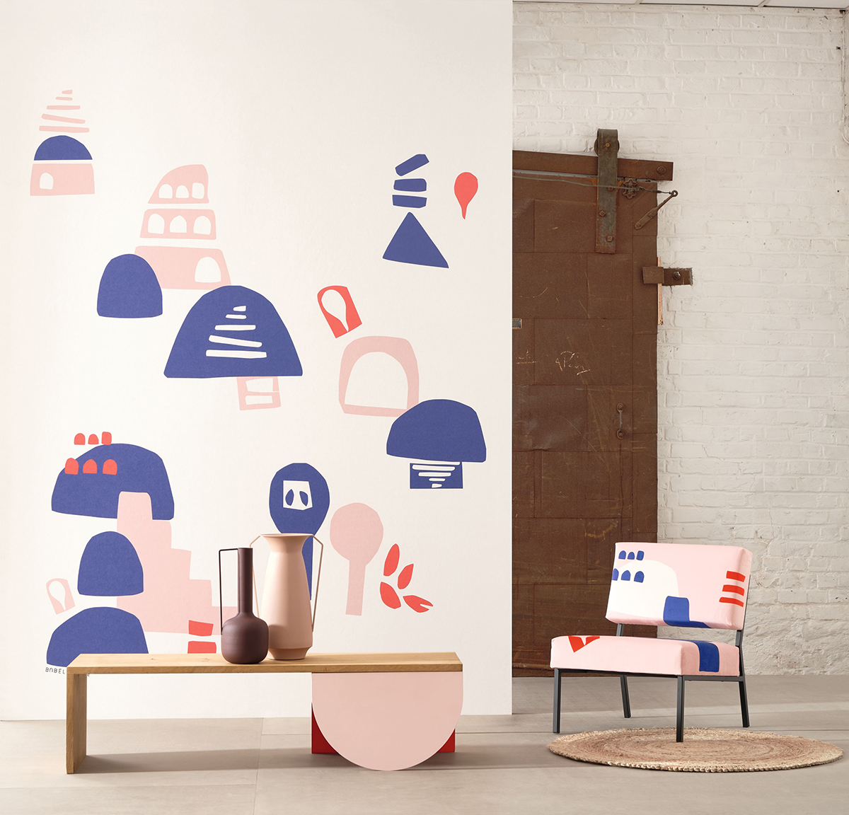 Papier peint panoramique Village Abstrait bleu et rose - Gallery de Casadéco | Réf. GLRY86314254