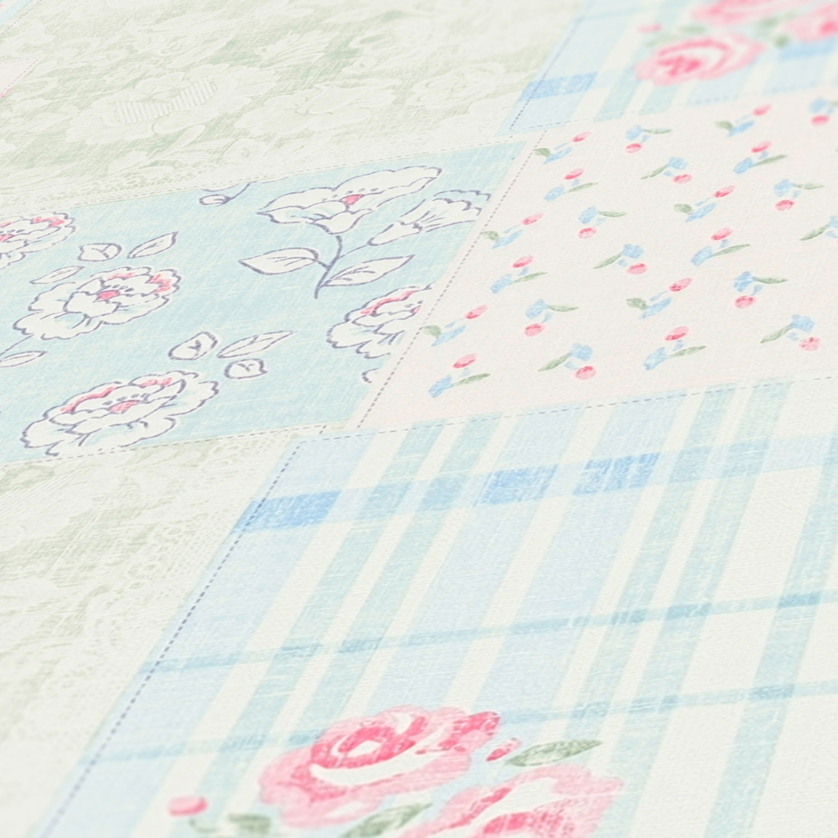 Papier peint Patchwork Fleuri bleu rose - Maison Charme d'A.S. Création ZOOM | Réf. AS-390661
