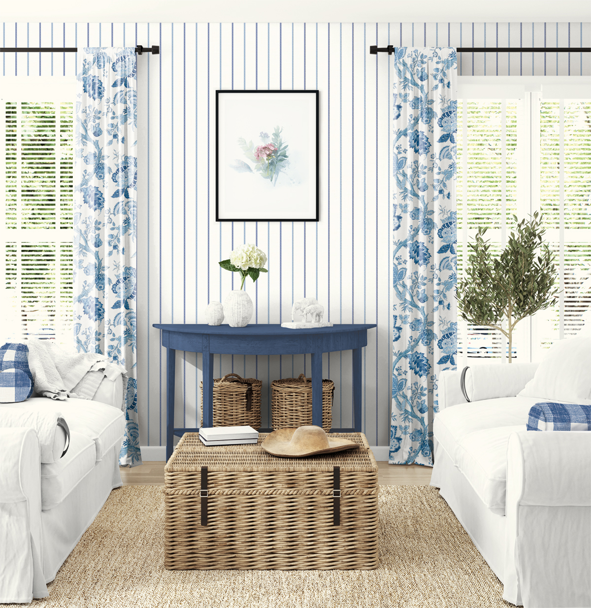 Tissu Fleur Bernadette Ramage Botanique bleu écru - French Country d'Initiales | Réf. INI-FC62602F