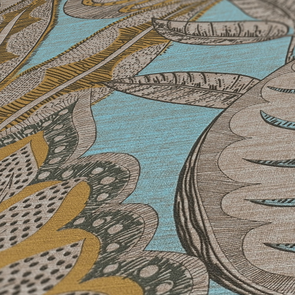 Papier peint Feuillage Symbole Indiana bleu ocre - Famous Garden d'A.S. Création AMB6 | Réf. AS-393464