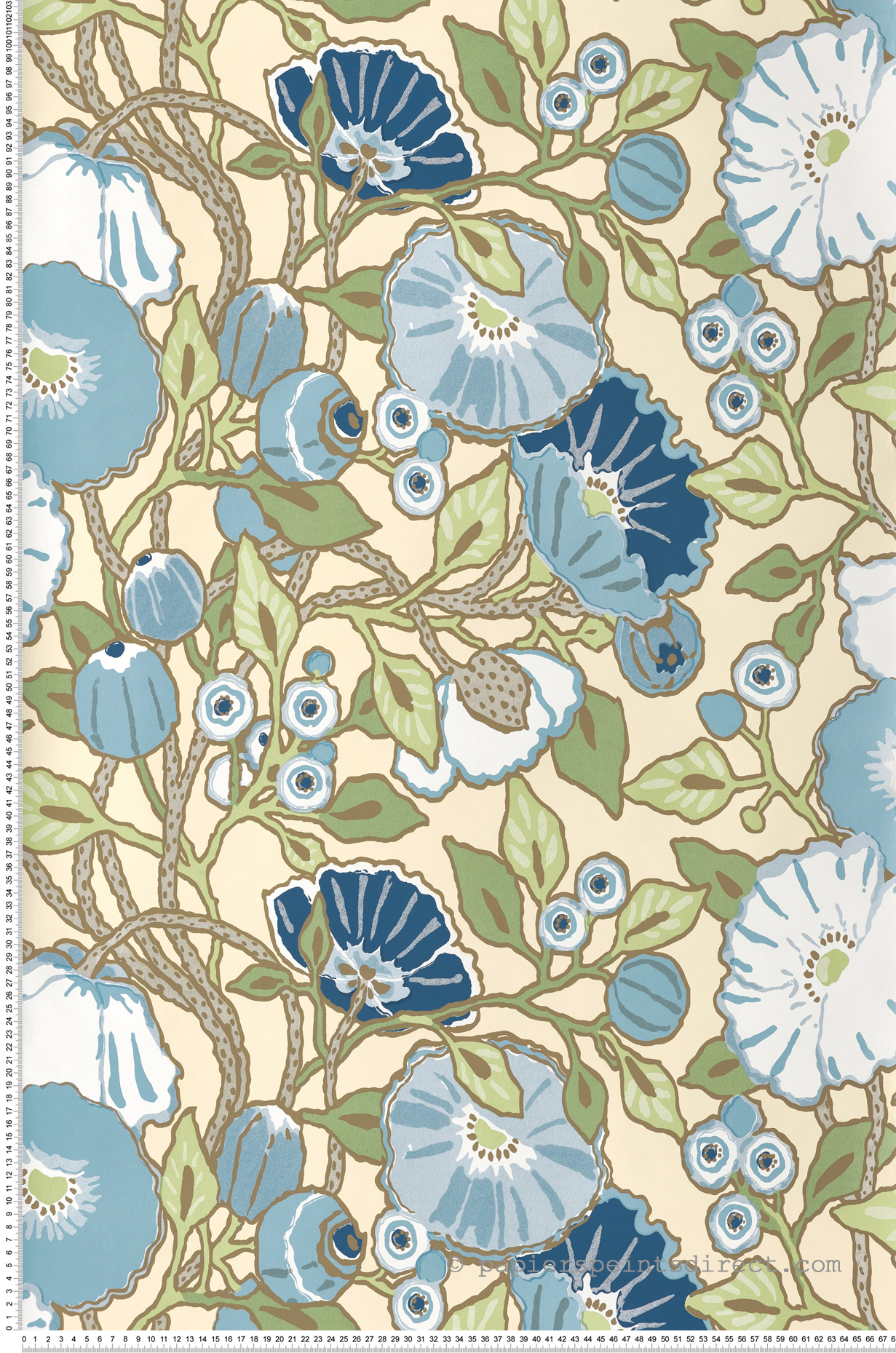 Papier peint Coquelicot Vintage bleu jaune vert - Greenhouse de York (Initiales) | Réf. INI-GO8311