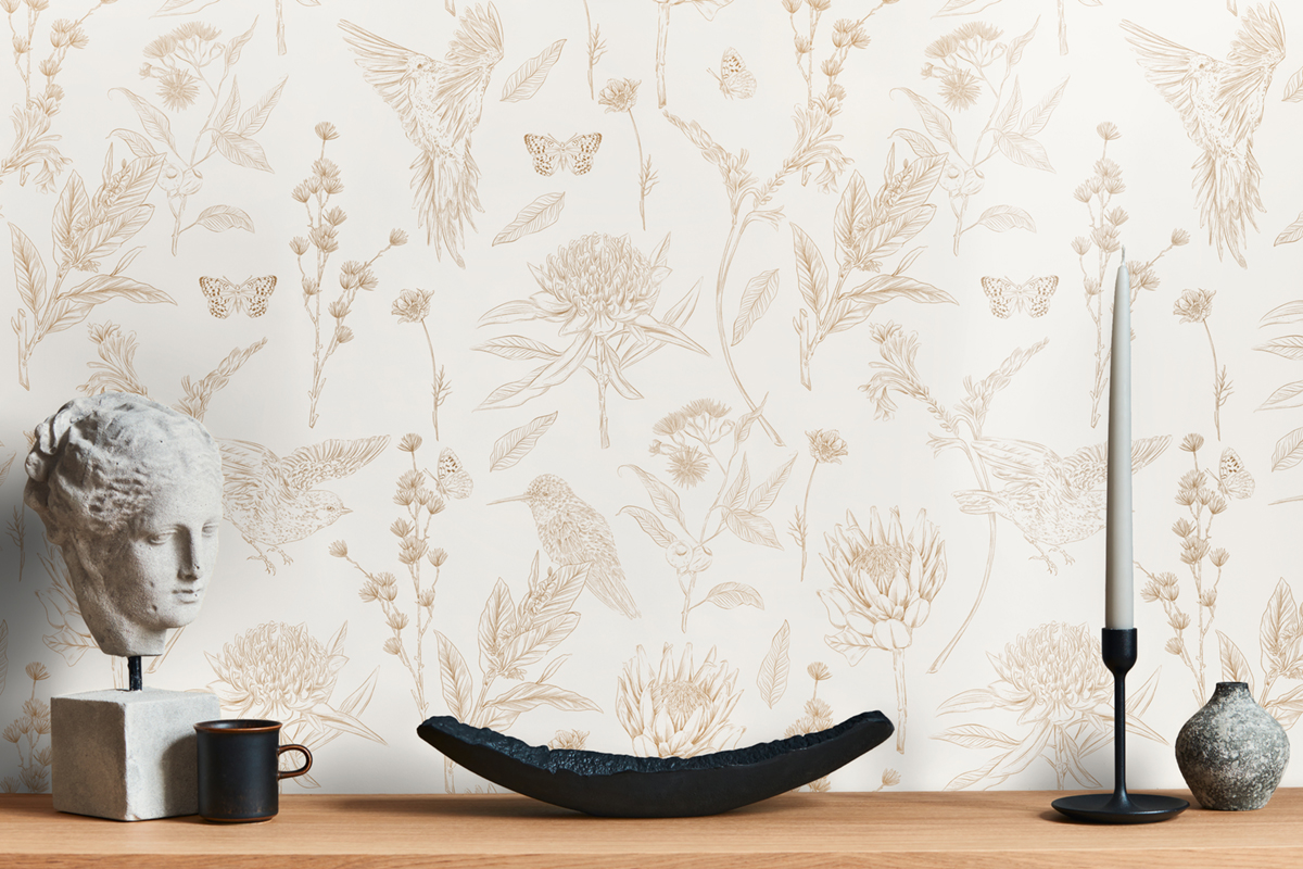 Papier peint Oiseau Nature Papillon marron blanc - Drawn Into Nature de Livingwalls | Réf. 39429-1