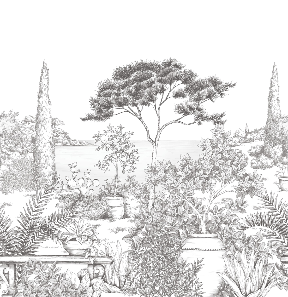 Papier peint panoramique Gravure A l'Ombre des Pins L noir blanc 300X310 - Wonderwalls 2 de Casadéco | Réf. WDWD200019809