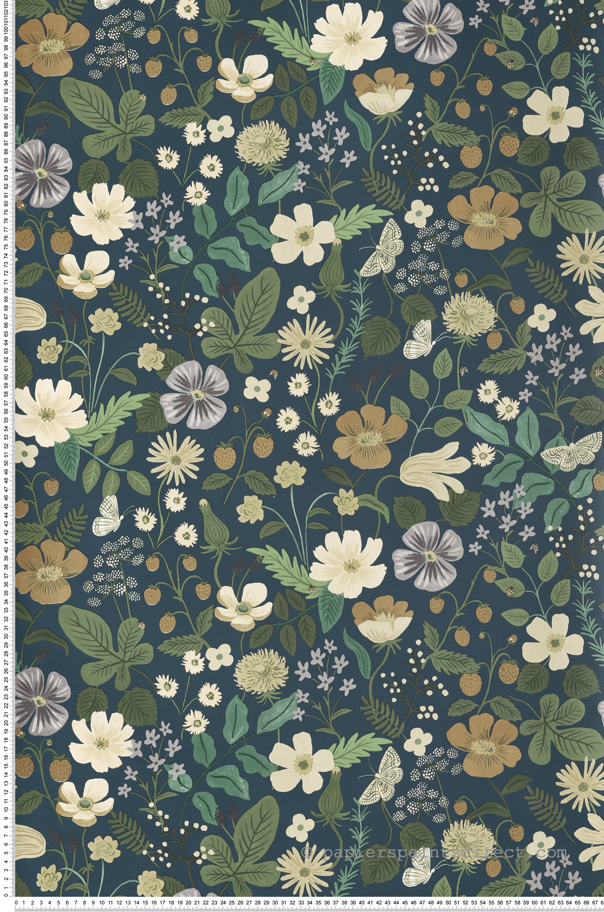 Papier peint Champs de Fraises Fleurs bleu paon vert - Rifle Paper Co. 2 de York (Initiales) | Réf. INI-RP7359