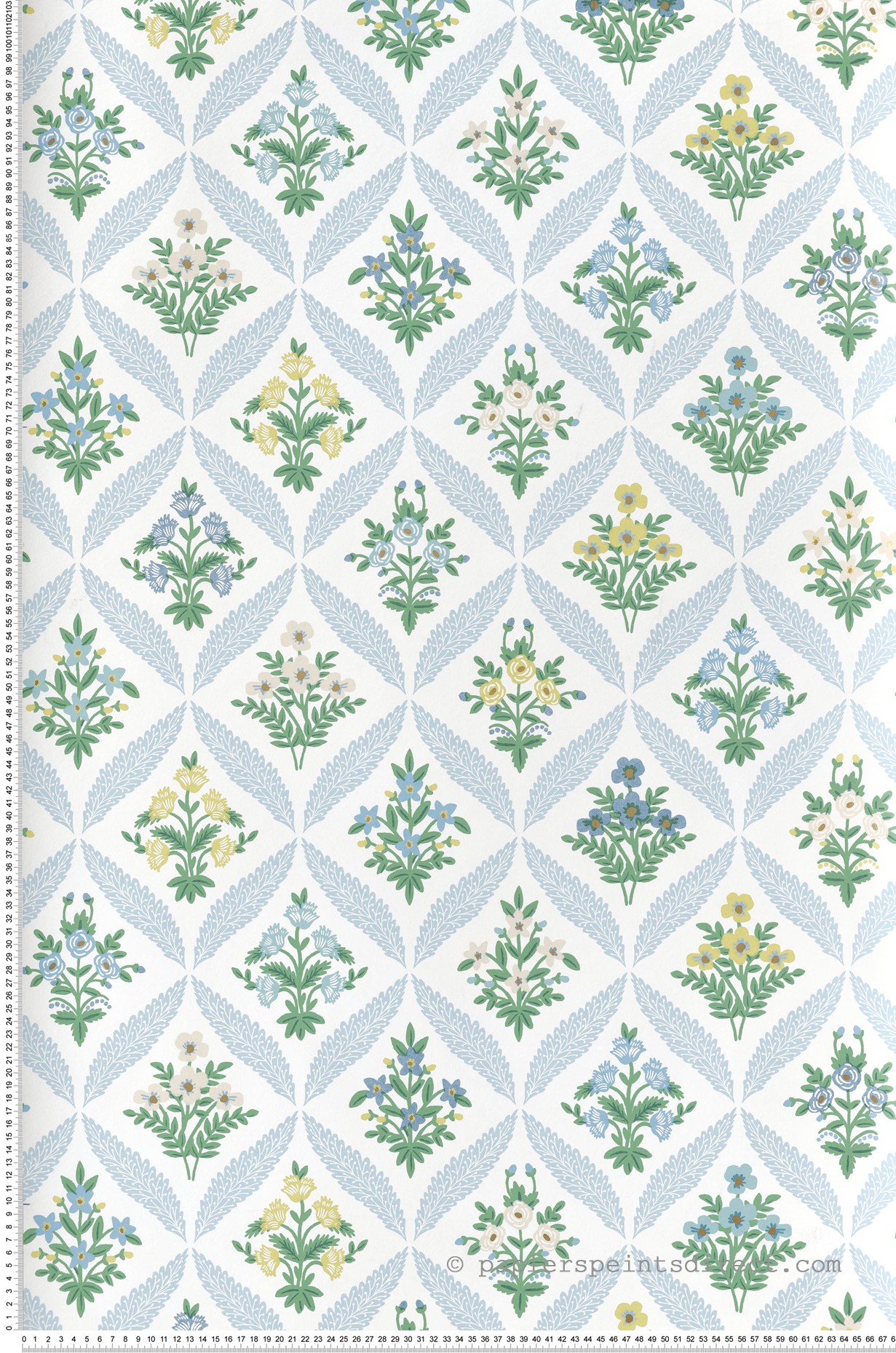 Papier peint Classique Floral Estee Garden bleu ciel doré - Rifle Paper Co. 3 de York (Initiales) | Réf. INI-RF7514